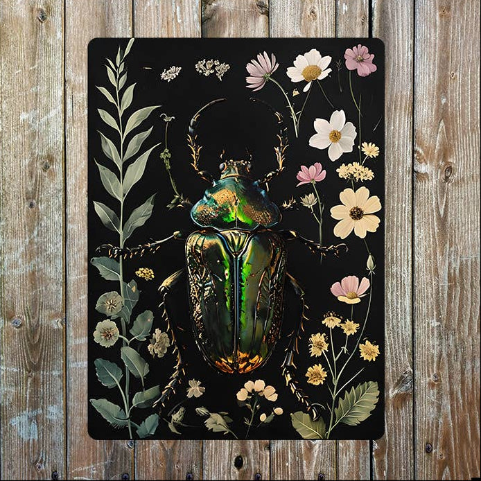 Iridescent Beetle and Wildflowers Metal Sign - 11 x 16 inch