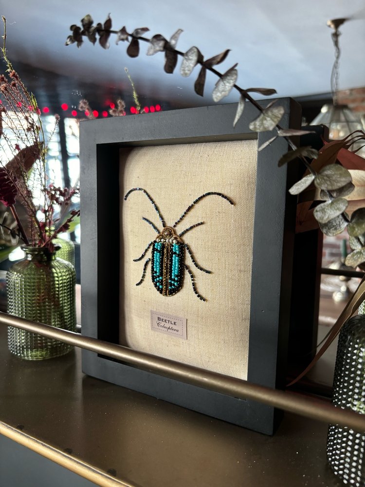 Framed Hand Embroidered Beaded Scarab Beetle