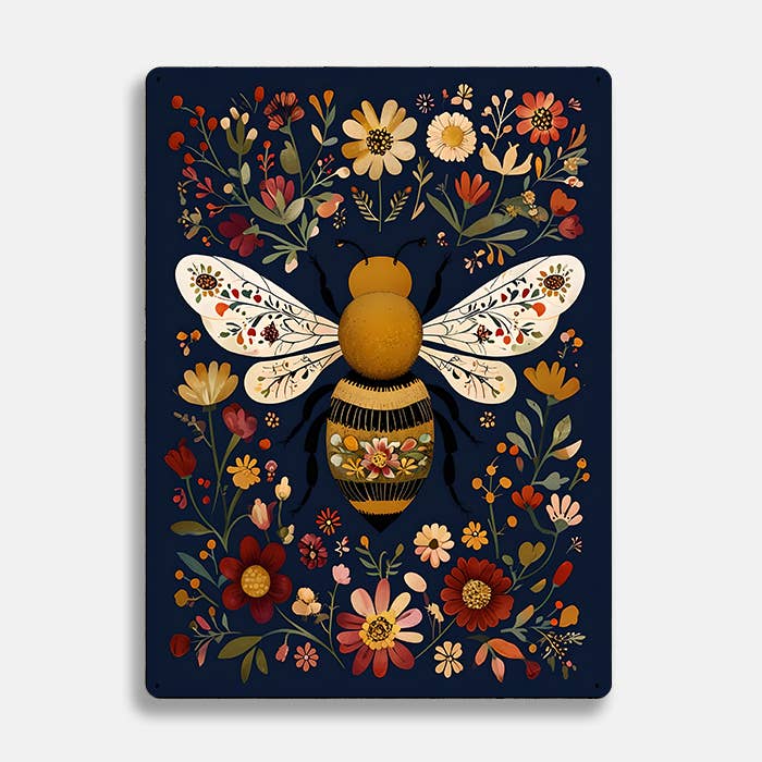 Metal Wall Sign - Floral Flowers Bee Scandinavian Folk - 11 x1 6 inch