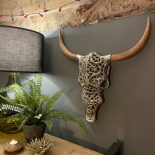 Wall Mounted Tribal Skull Silver Effect