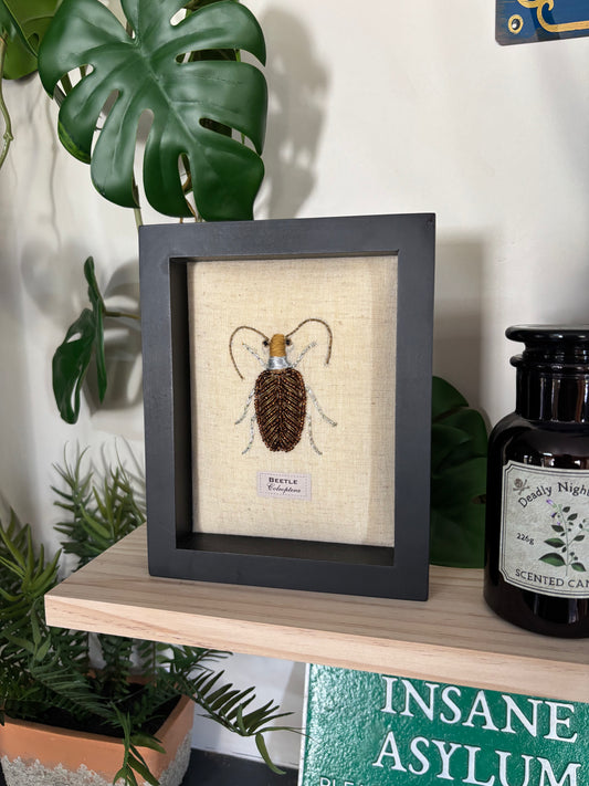 Framed Hand Embroidered Beaded Feeler Beetle