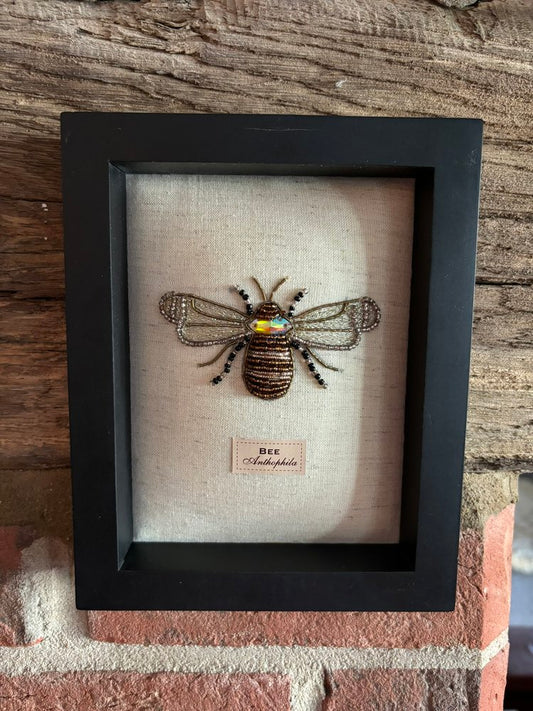 Framed Hand Embroidered Beaded Bee