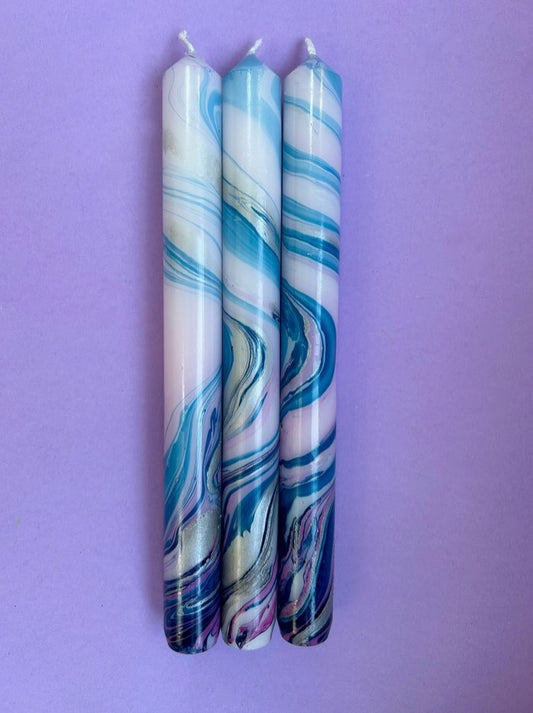 Candles - Blue Marbled - Set of 3
