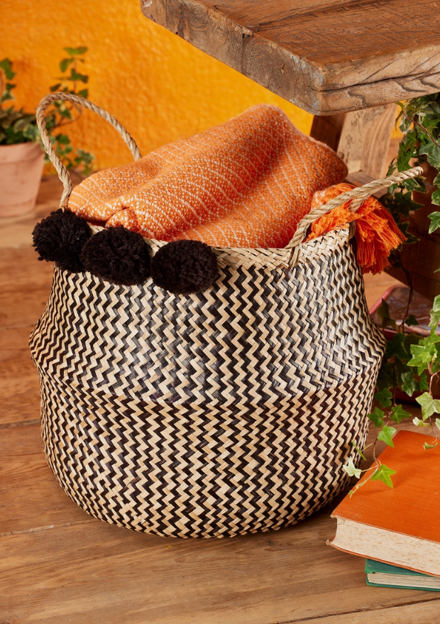 Black Pompom Seagrass Basket Large