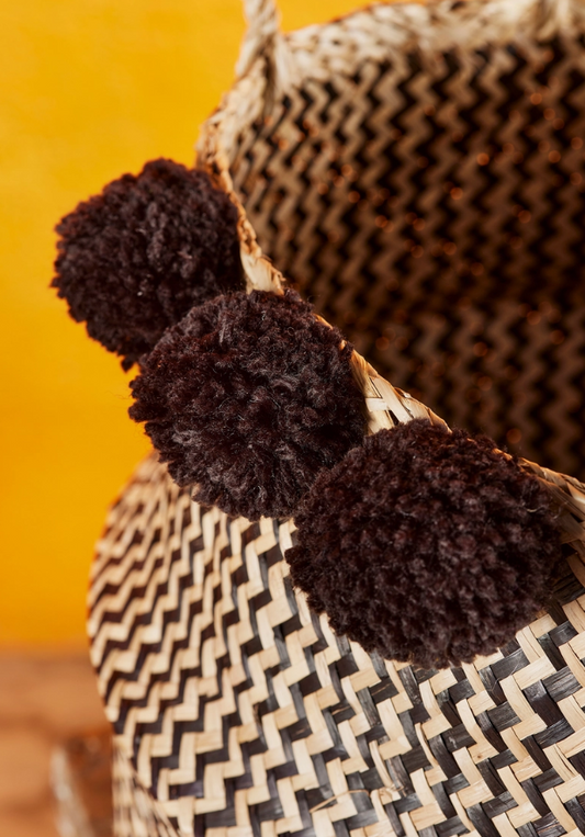 Black Pompom Seagrass Basket Large