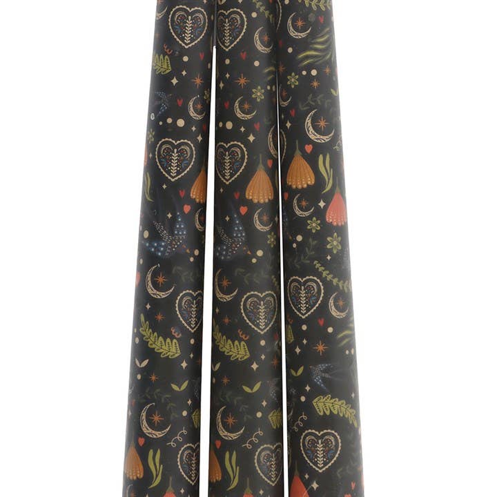 Candles - Black Folk Floral Print Dinner Candles - Box of 3