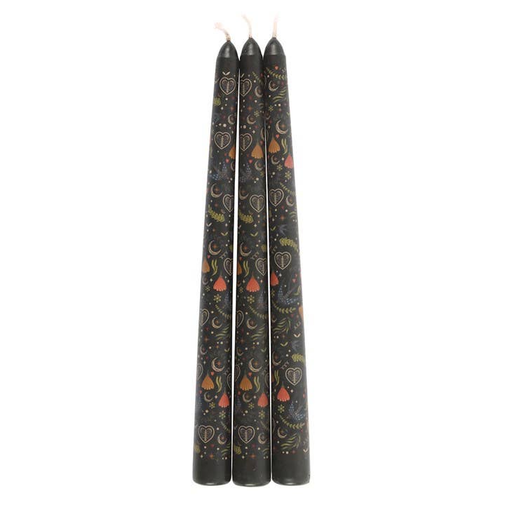 Candles - Black Folk Floral Print Dinner Candles - Box of 3