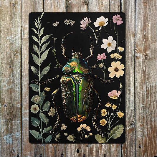 Iridescent Beetle and Wildflowers Metal Sign - 11 x 16 inch