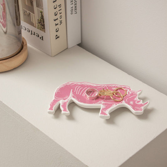 Ceramic Rhino Jewellery Tray - Pink & White