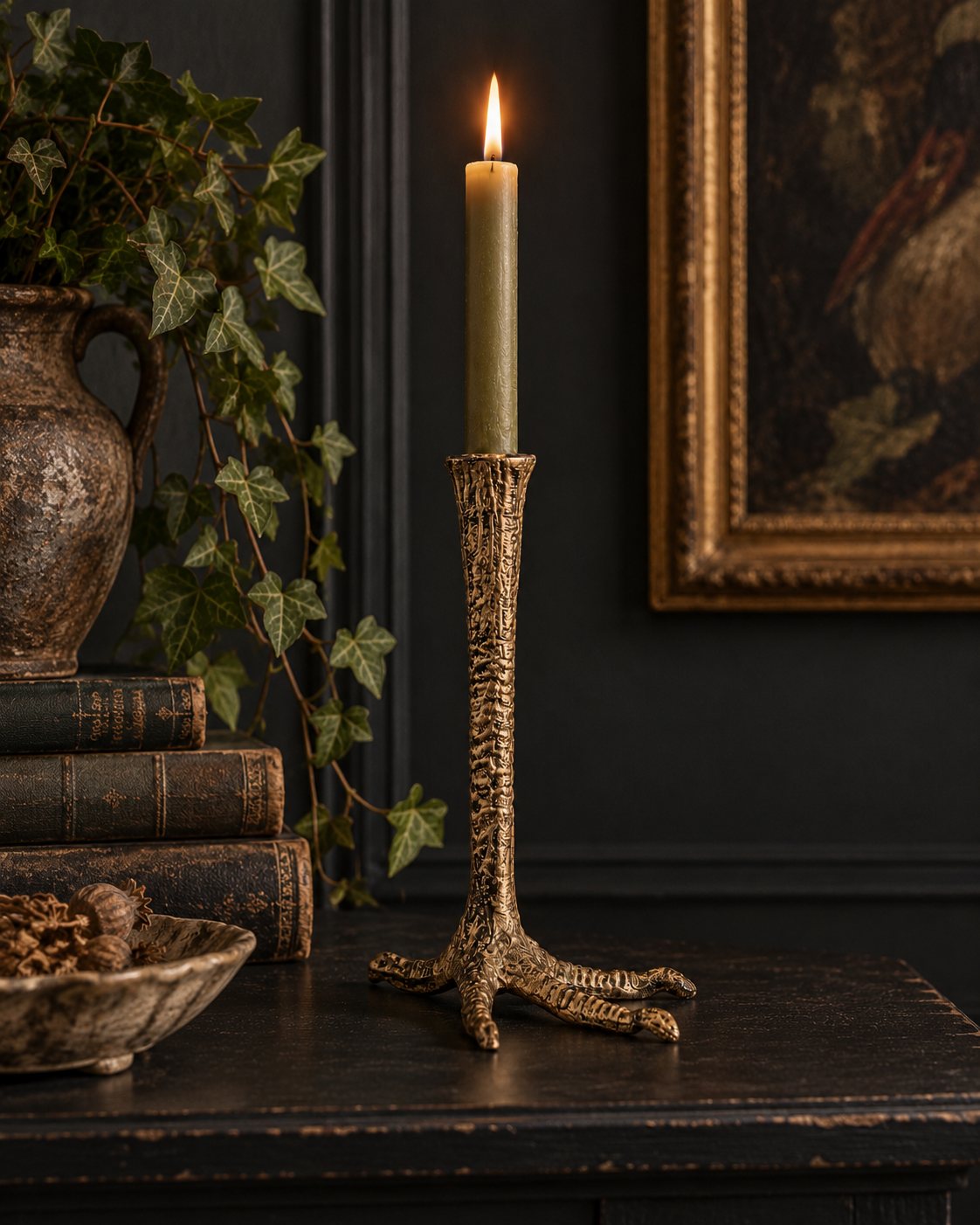 Glam Bird Feet Candle Holder Distressed Brass Effect