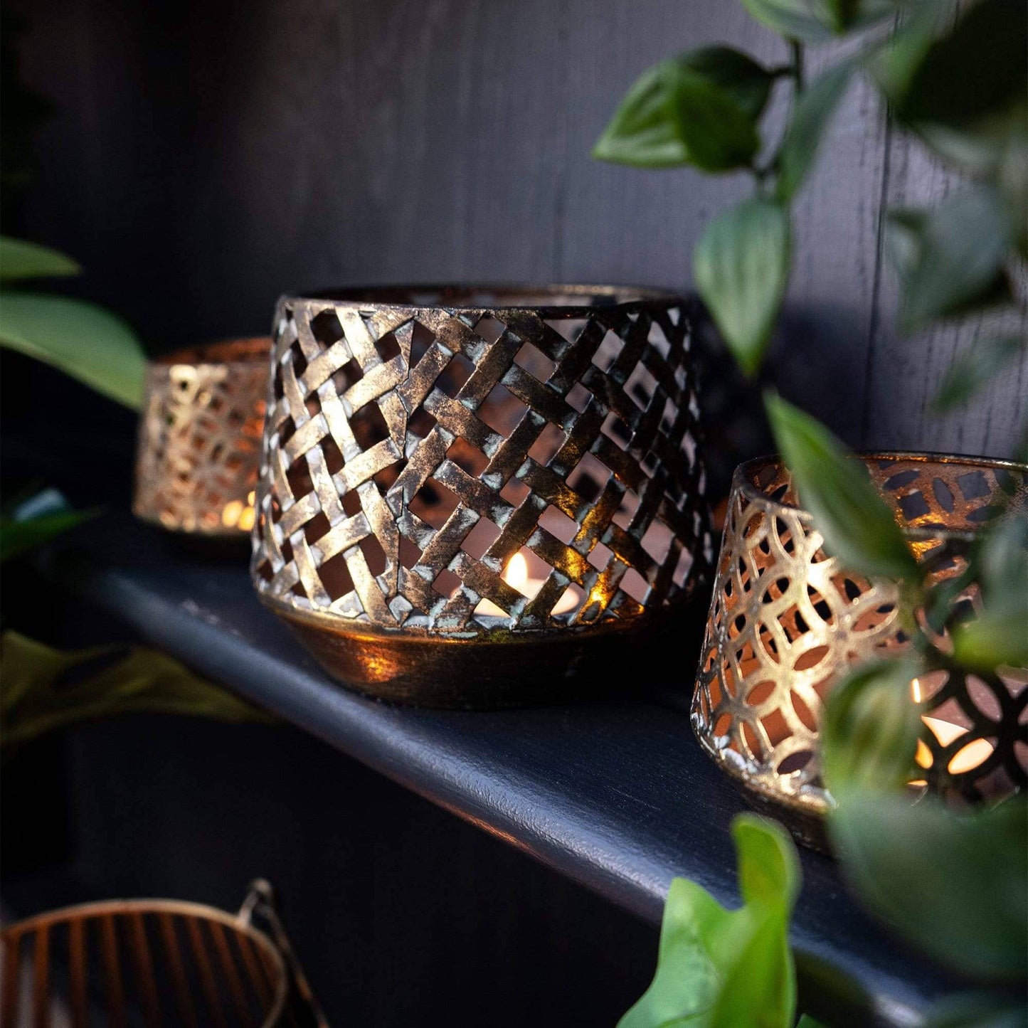 Large Brushed Gold Lattice Tealight Holder