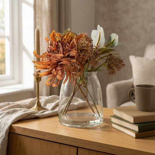 Chrysanthemum Autumnal Florals in Glass Vase