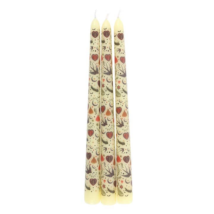 Candles - Cream Folk Floral Print Taper Dinner Candles - Box of 3