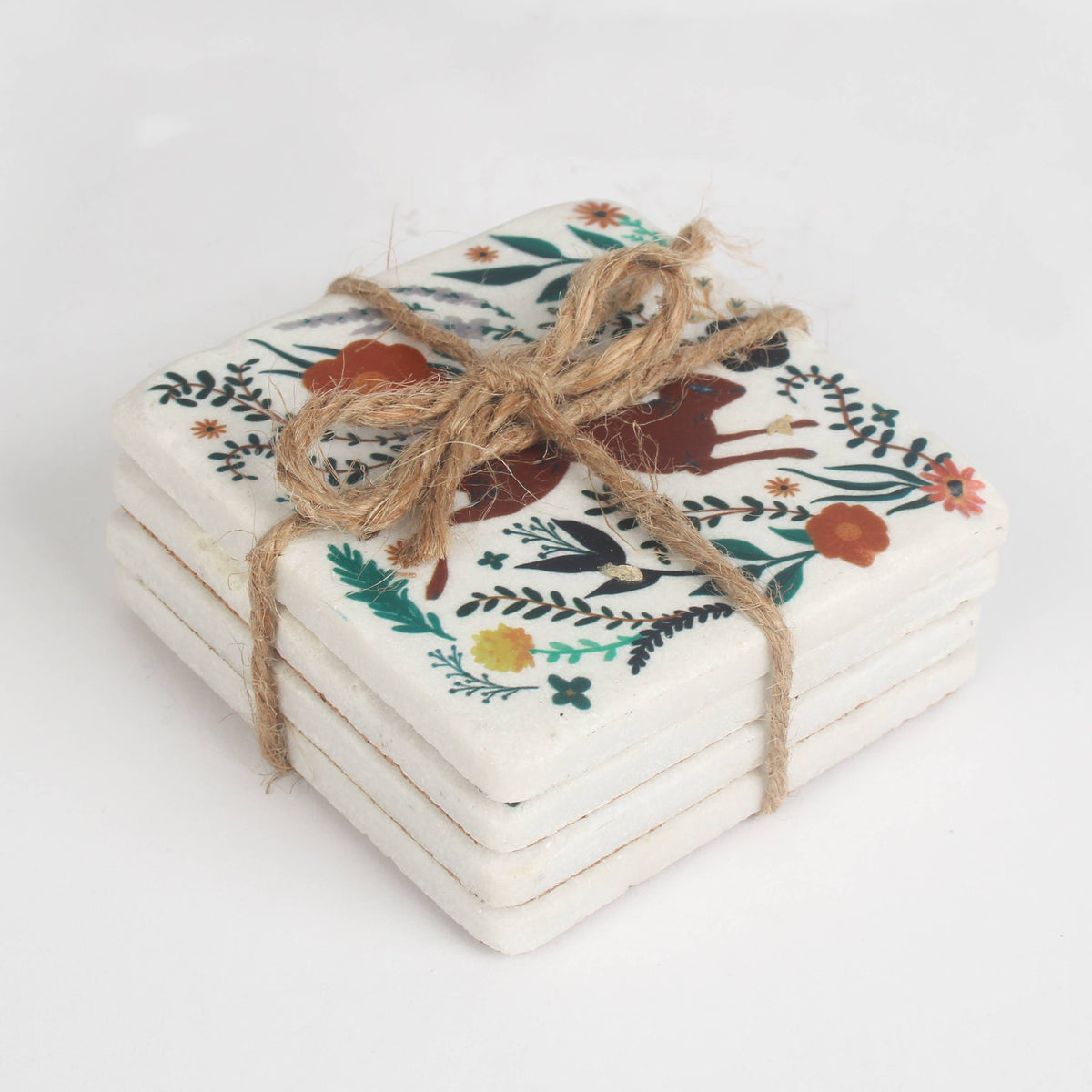 Botanical Bird & Hare Coaster Set - Nature-Inspired Folk Art