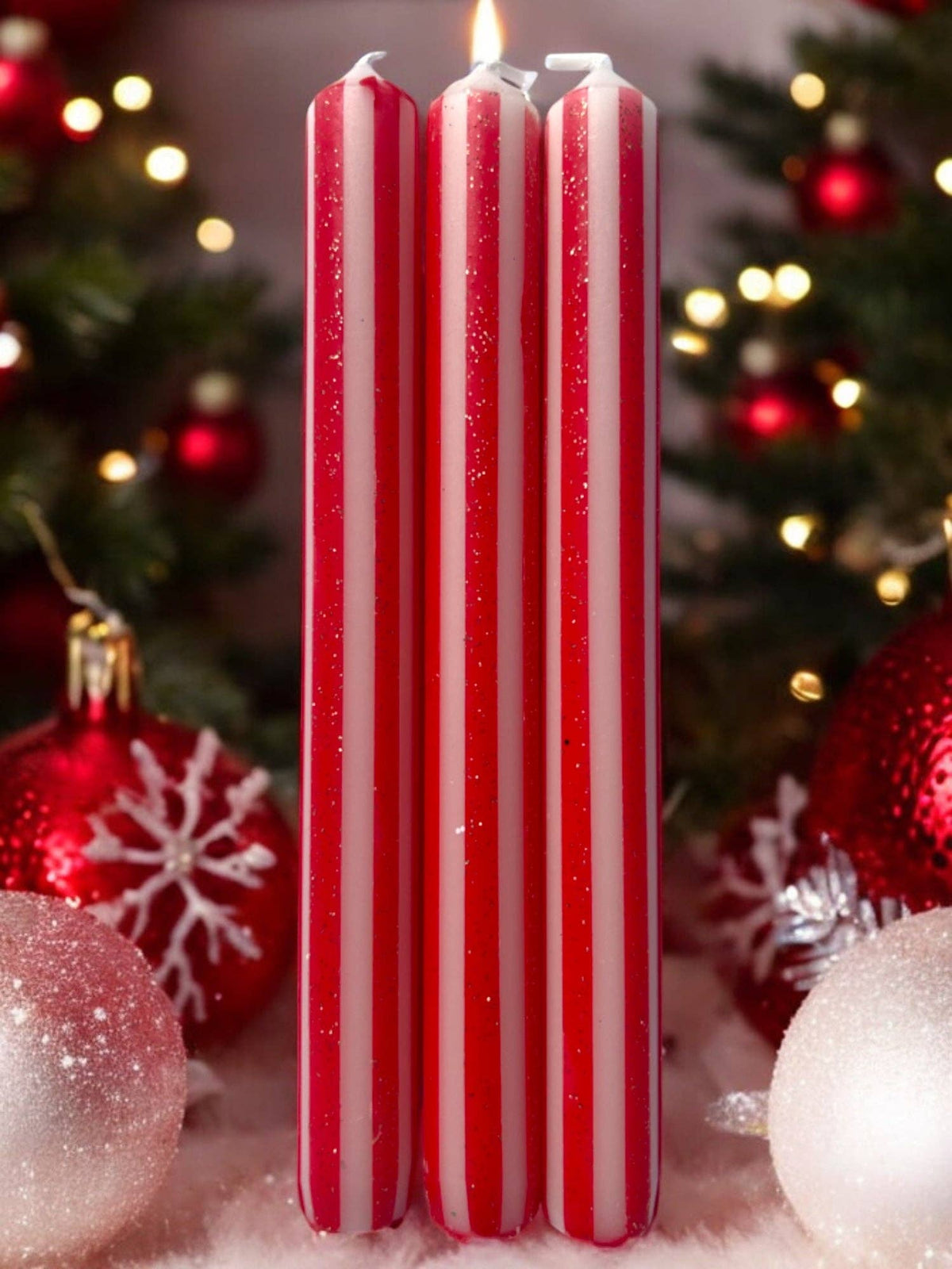 Christmas Pinstripes Dip Dye Dinner Candle Trio