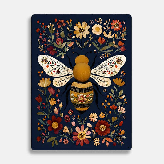 Metal Wall Sign - Floral Flowers Bee Scandinavian Folk - 11 x1 6 inch