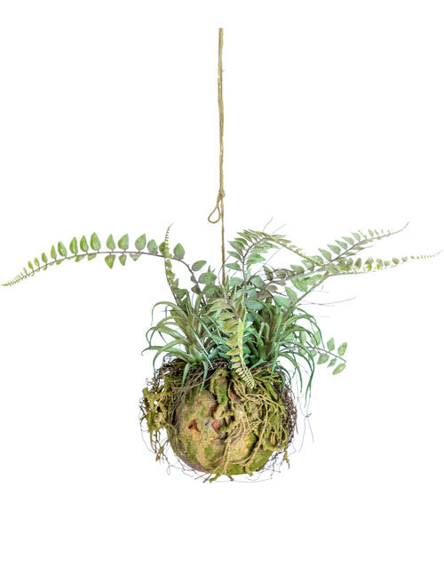 Faux Hanging Moss Ball with Ferns