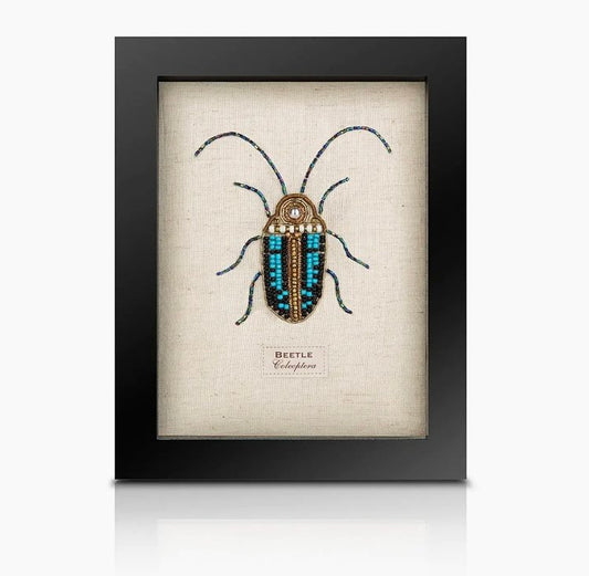 Framed Hand Embroidered Beaded Scarab Beetle