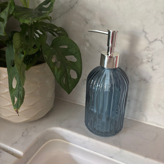 Blue Ridged Glass Soap Dispenser