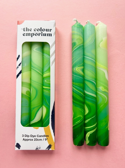 Green Leaves Marbled Dinner Candles - Set of 3