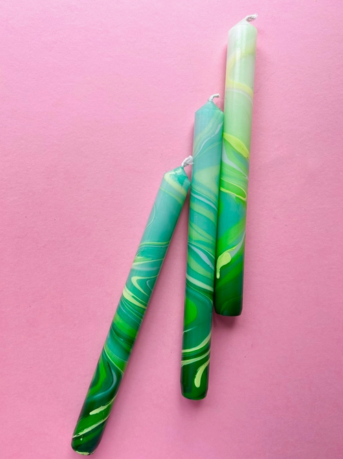 Green Leaves Marbled Dinner Candles - Set of 3