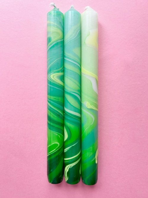 Green Leaves Marbled Dinner Candles - Set of 3