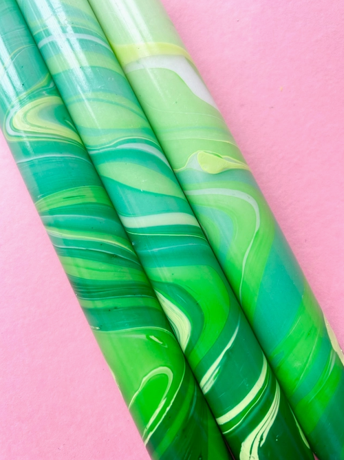 Green Leaves Marbled Dinner Candles - Set of 3