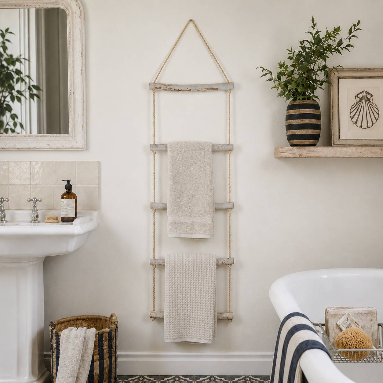 Rope Ladder Towel Rail with Natural Wood