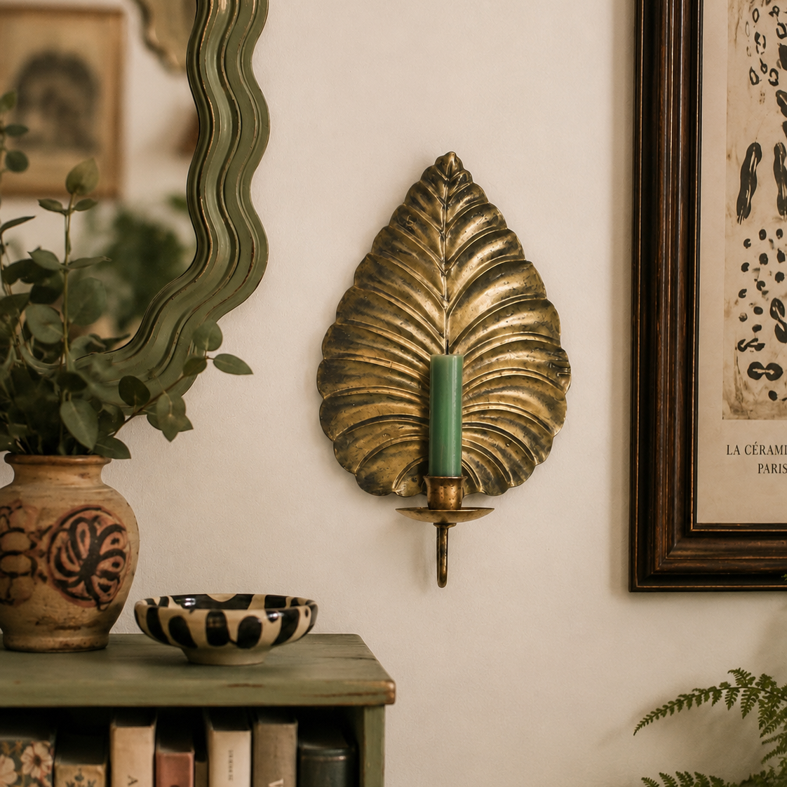 Antiqued Gold Metal Leaf Wall Mounted Candle Sconce