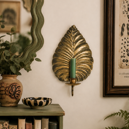 Antiqued Gold Metal Leaf Wall Mounted Candle Sconce