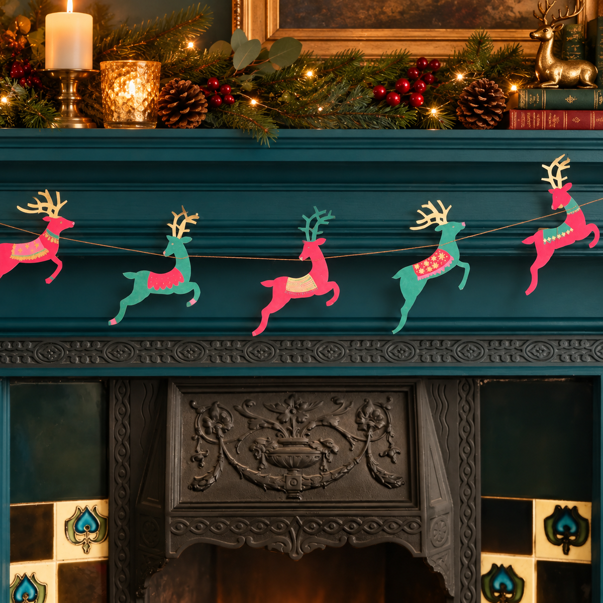 Hand Sewn Garland - Vibrant Reindeer