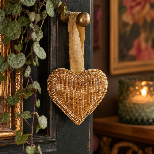 Hanging Beaded Heart - Gold