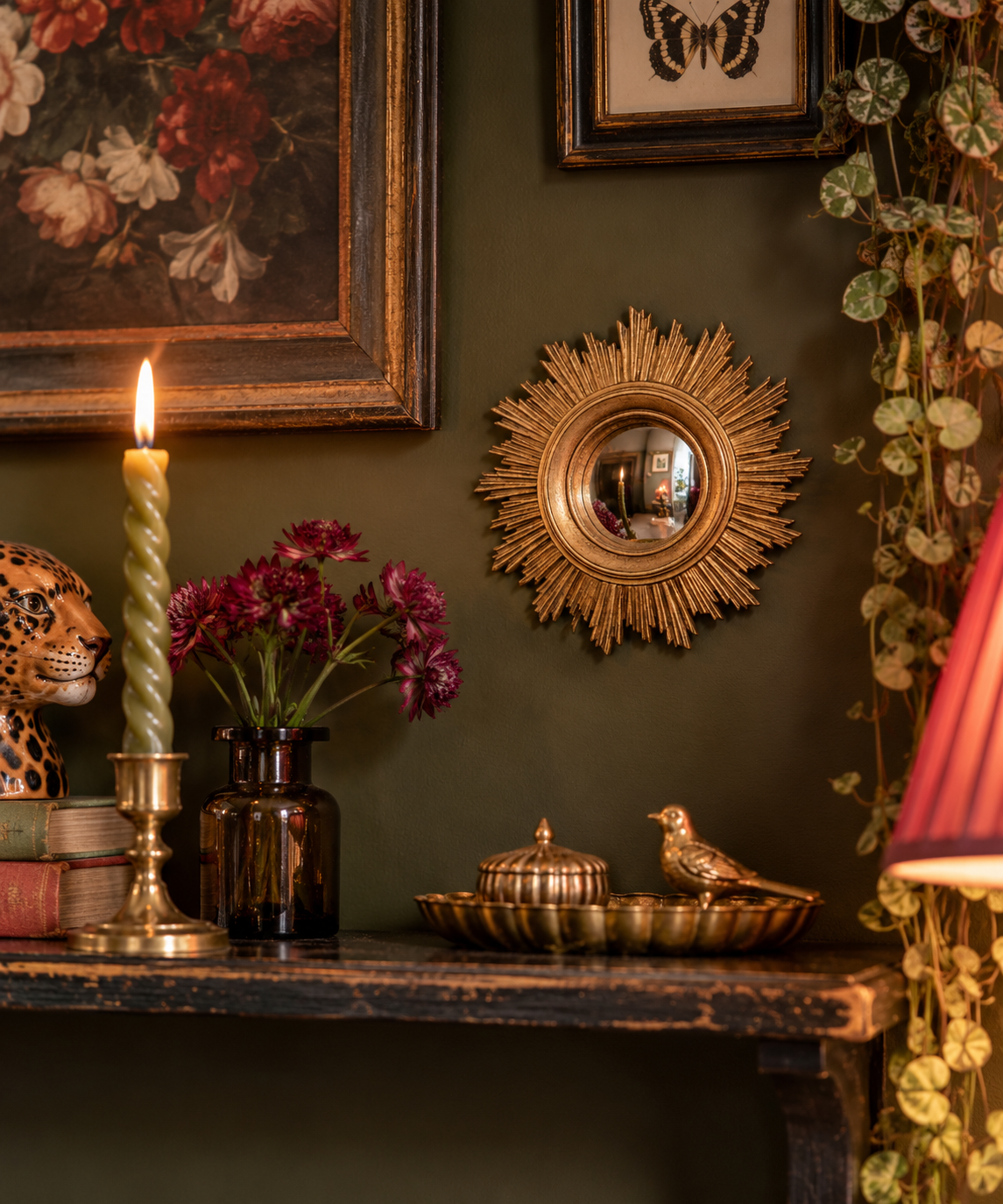 Gold Antiqued Ornate Small Convex Mirror