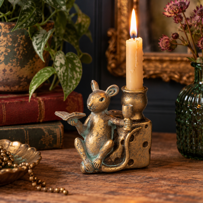 Antique Bronze Mouse on Cheese Candle Holder