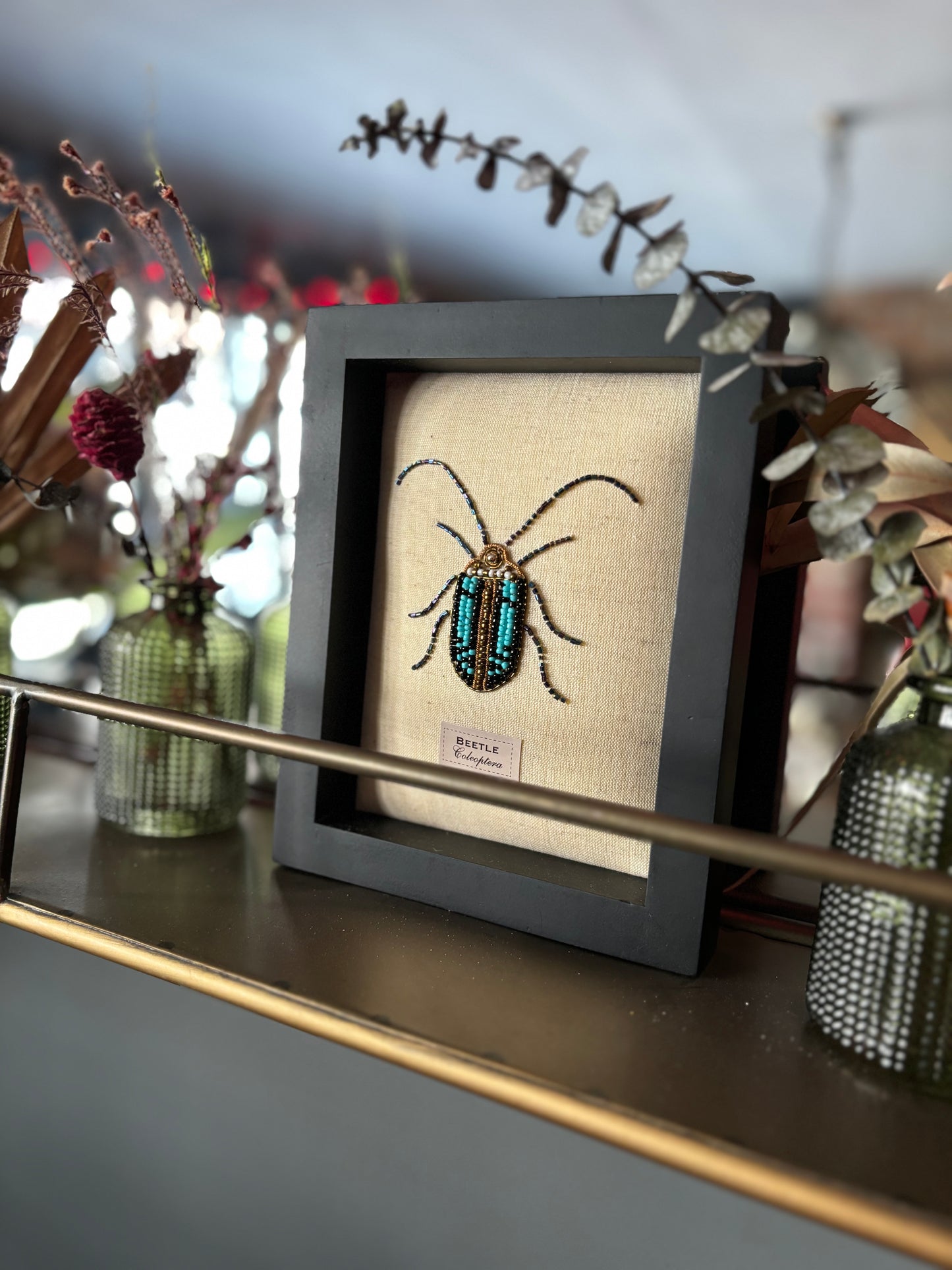 Framed Hand Embroidered Beaded Scarab Beetle