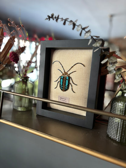 Framed Hand Embroidered Beaded Scarab Beetle