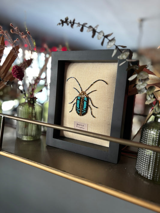 Framed Hand Embroidered Beaded Scarab Beetle