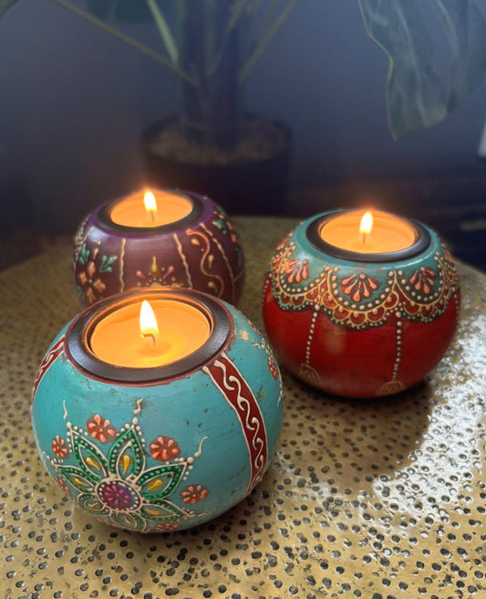Teal Hand-Painted Wooden Tealight Holder