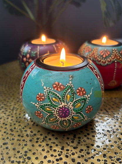 Teal Hand-Painted Wooden Tealight Holder