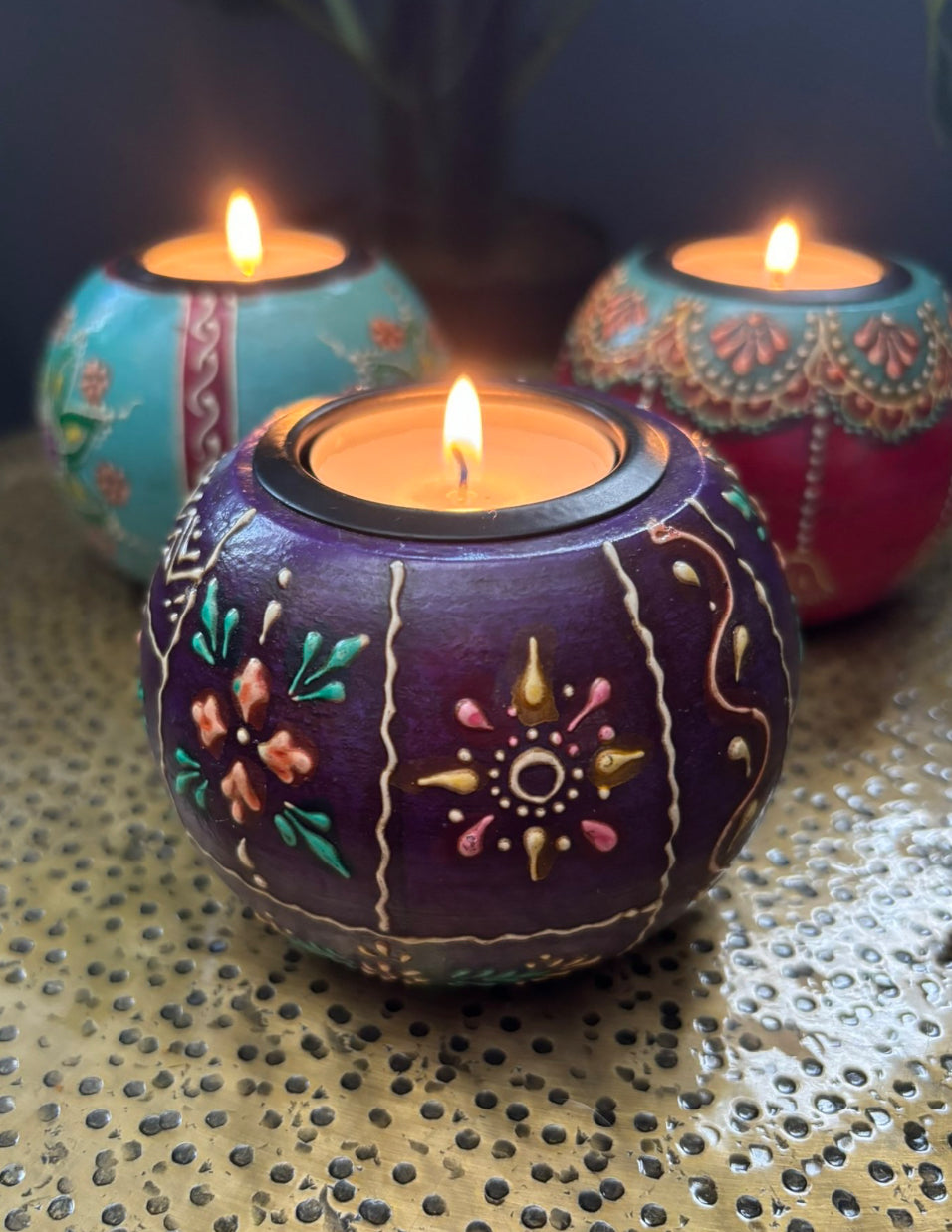 Teal Hand-Painted Wooden Tealight Holder