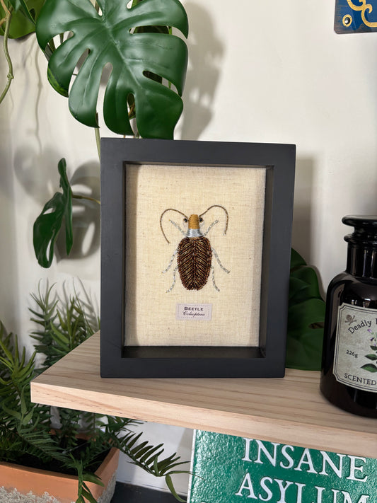 Framed Hand Embroidered Beaded Feeler Beetle