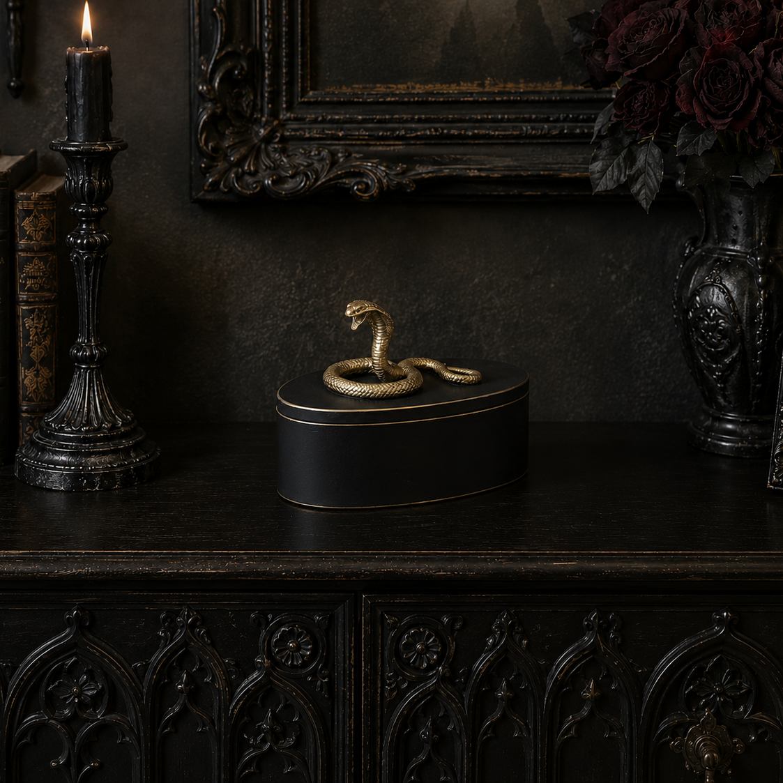 Black Antiqued Decorative Box – Gold Cobra Snake