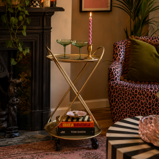 Round Antiqued Gold Serving Trolley on Castors