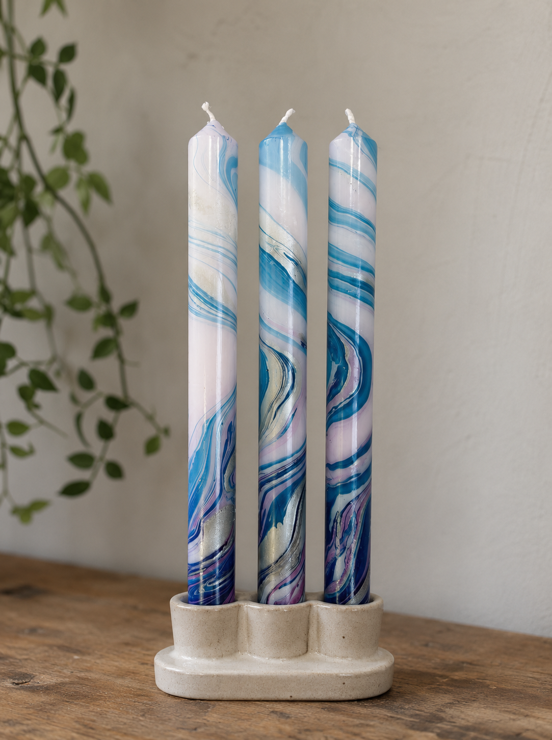 Candles - Blue Marbled - Set of 3