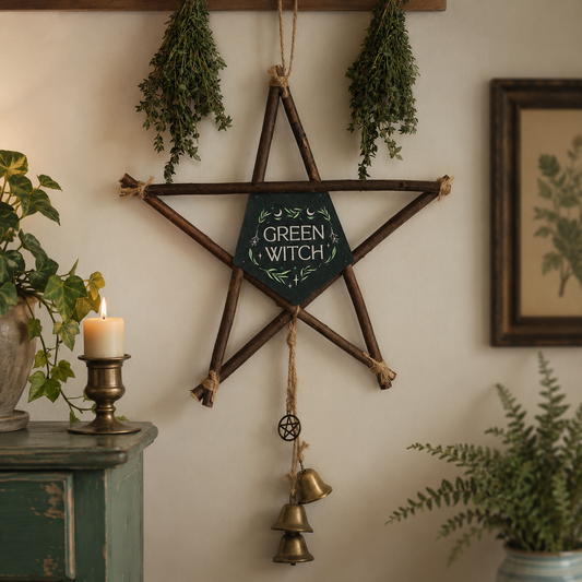 Green Witch Hanging Willow Pentagram with Bells