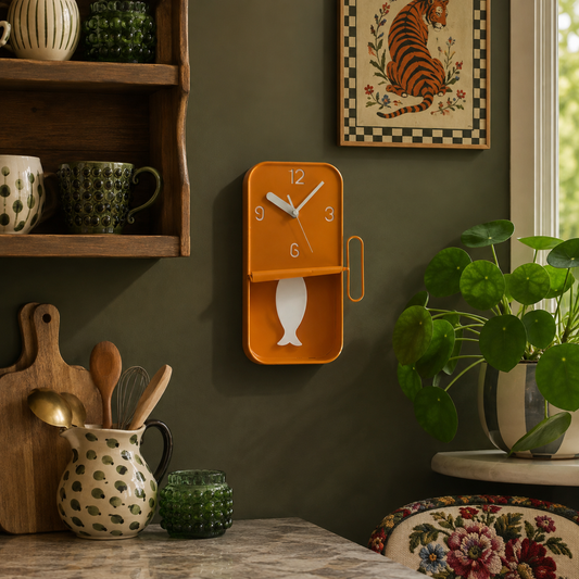 Orange Metal Sardine Tin Pendulum Wall Clock - WITH IMPERFECTIONS