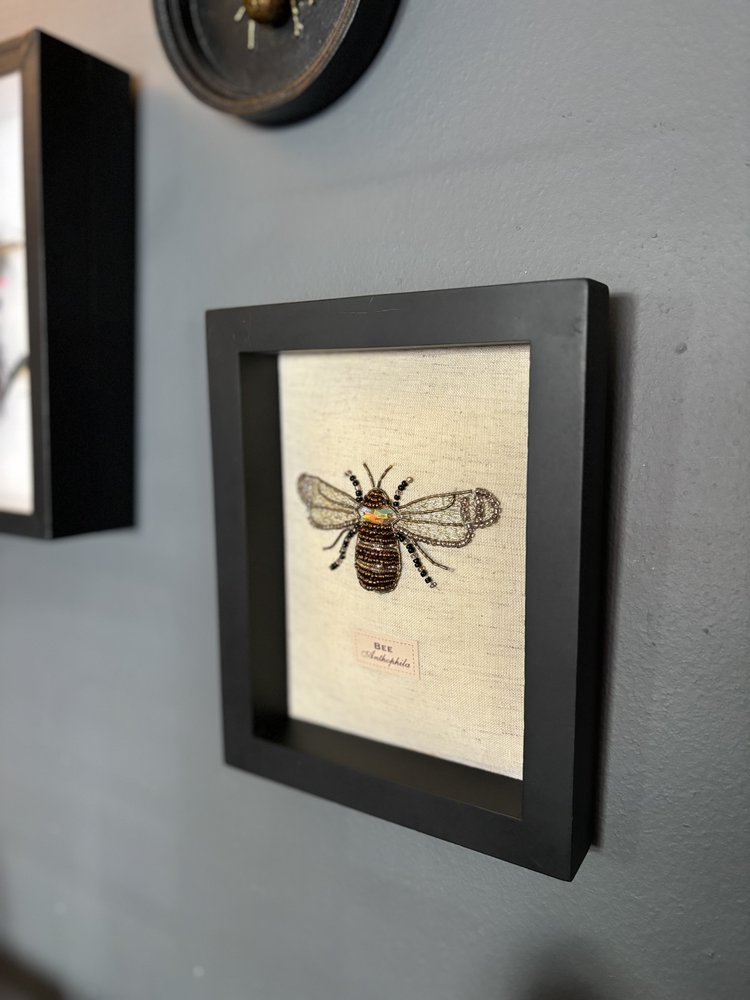 Framed Hand Embroidered Beaded Bee