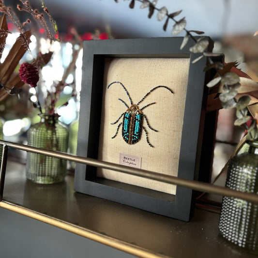 Framed Hand Embroidered Beaded Scarab Beetle
