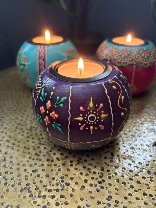 Purple Hand-Painted Wooden Tealight Holder