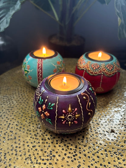 Purple Hand-Painted Wooden Tealight Holder